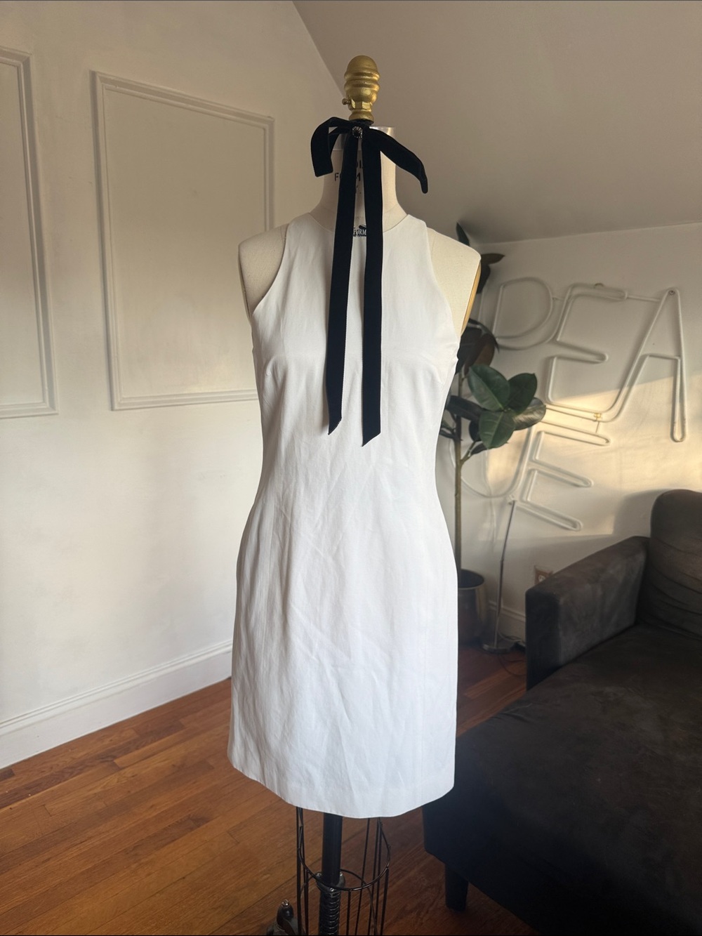 Women’s White Halter Dress with Black Neck Tie